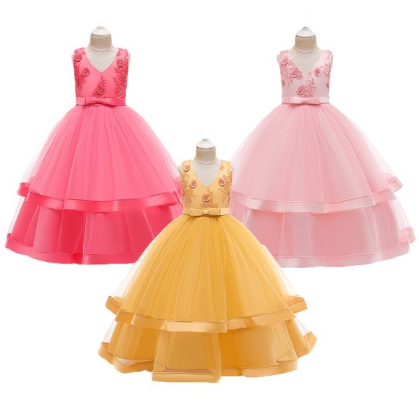 

girl's dresses girls elegant beading tutu princess birthday dress kids applique prom designs ball gown teens for girl clothes, Red;yellow