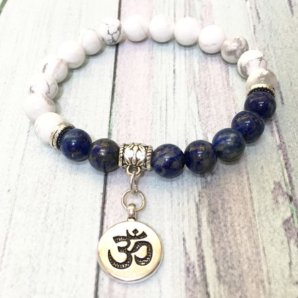 MG0576 Kadınlar Için Yeni Tasarım Yoga Bilezik Yüksek Kalite Howlite Lapis Lazuli Bilezik Ohm Lotus Charm Dengesi Yoga Takı