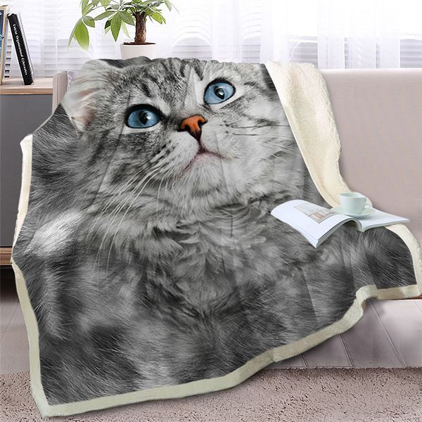 

blessliving gray cat throw blanket on bed 3d animal plush sherpa blanket pet siamese bedspreads fur print thin quilt drop ship