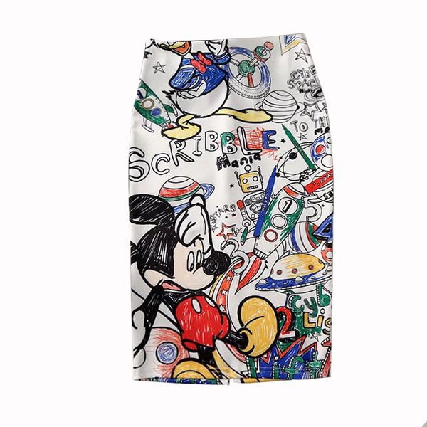 

women's pencil skirt 2019 new cartoon mouse print high waist slim skirts young girl summer large size japan female falda, Black