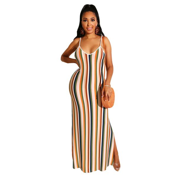 

women elegant party striped long dress spaghetti strap high split v-neck ladies summer backless maxi dress robe vestidos, Black;gray