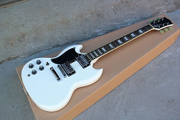

left-handed electric guitar with 2h pickgups,chrome hardwares,fixed bridge and white body,flowerpot inlay,can be customized