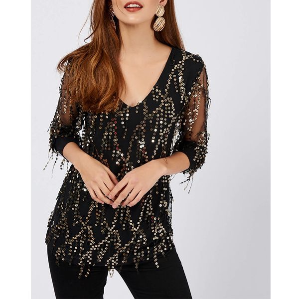 

fashion black long sleeve shirt v neck t shirt women sequined tassel tshirt clothes mesh ladies casual slim streetwear, White