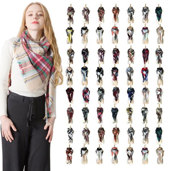 

40 colors women plaid scarves grid tassel wrap oversized check shawl winter neckerchief lattice triangle blanket scarf 10pcs a0021, Blue;gray