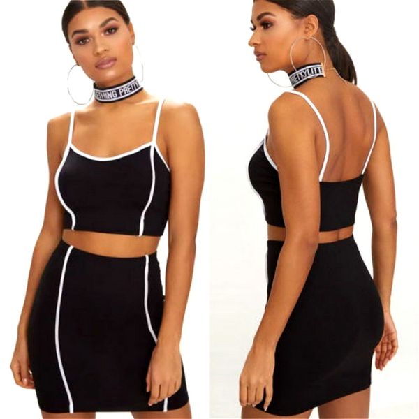 

2019 two piece set summer dress women black tank + pencil skirt bodycon party club mini dresses 2pcs sets, White