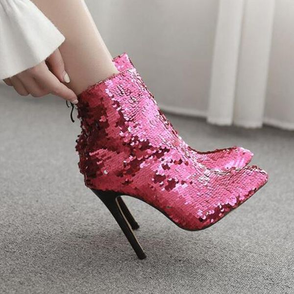

women high heels boots party boots women's stiletto pointed sequins high heel shoes back zipper short booties#g3, Black