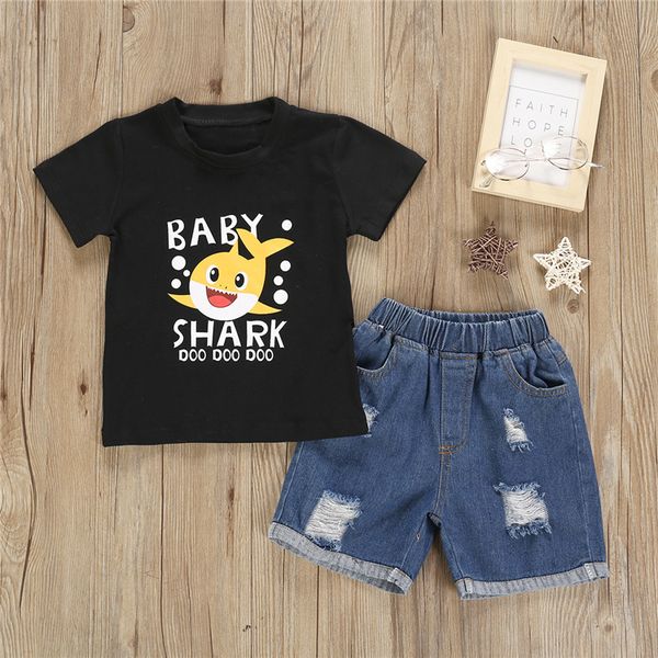 

summer kids clothes short-sleeved cartoon shark smile face black t-shirt+denim shorts 2pcs kids designer clothes children clothing jy491, White