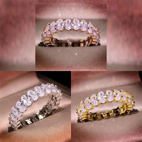 

three color luxury jewelry 925 sterling silver&rose gold fill oval cut white z cz diamond gemstones engagement women band ring, Slivery;golden