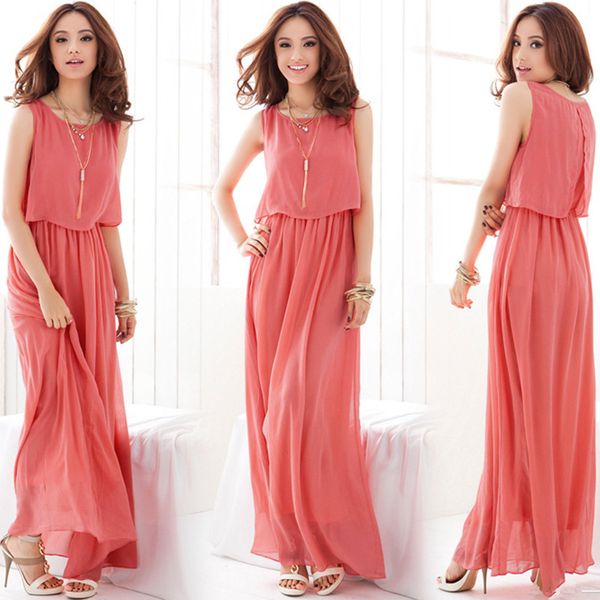 

spring summer women large size chiffon fashion long dress bohemian beach sleeveless skirt seven colors, Black;gray