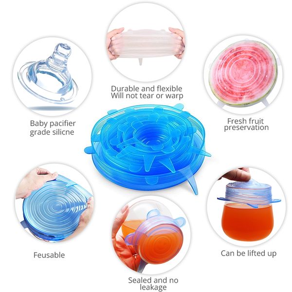 

6pcs reusable silicon stretch lids universal lid silicone food wrap bowl pot lid silicone cover pan cooking kitchen sers