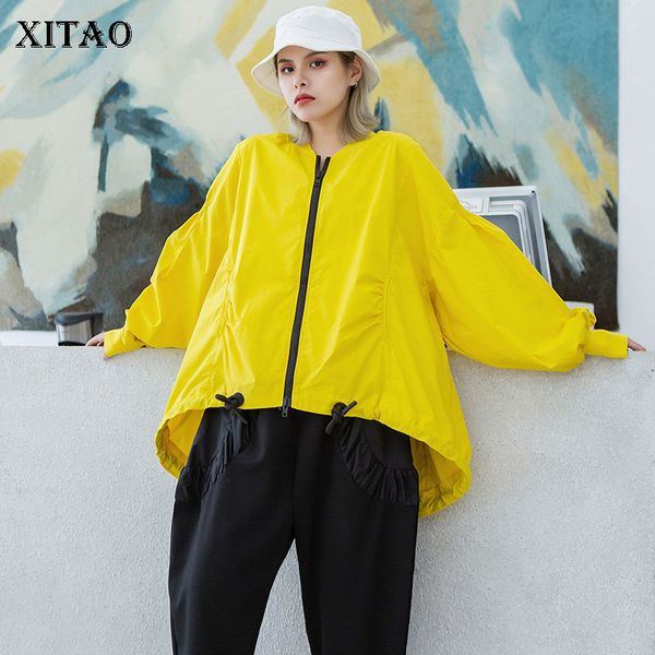 

xitao pleated drawstring jacket fashion new women 2020 spring plus size lantern sleeve elegant goddess fan coat xj4442, Black;brown