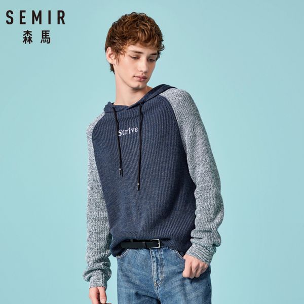 

semir men contrasted hooded sweater rib knit men knit sweater with lined elastic drawstring hood ribbing at cuff and hem, White;black