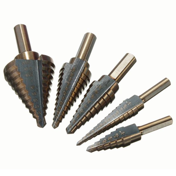 

5 pcs hss cobalt multiple hole ladder drill bit set alu gold