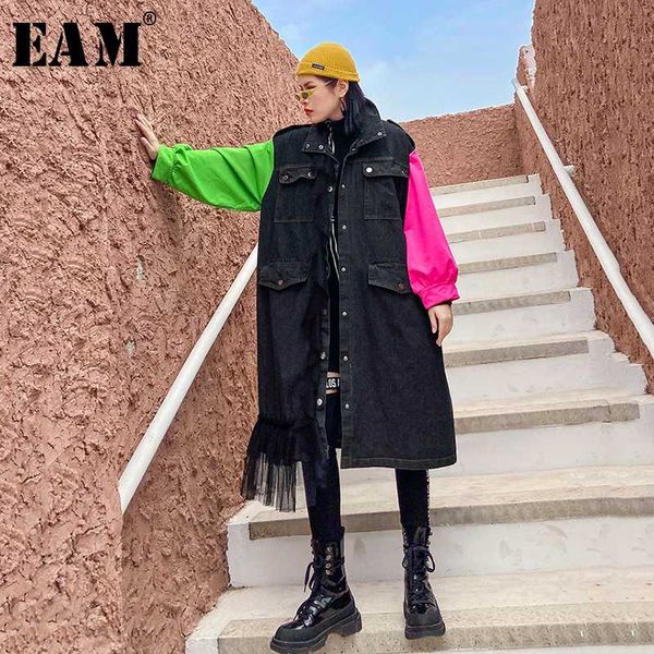 

eam] women black contrat color denim big size trench new lapel long sleeve loose fit windbreaker fashion tide spring 2020 1r433, Tan;black