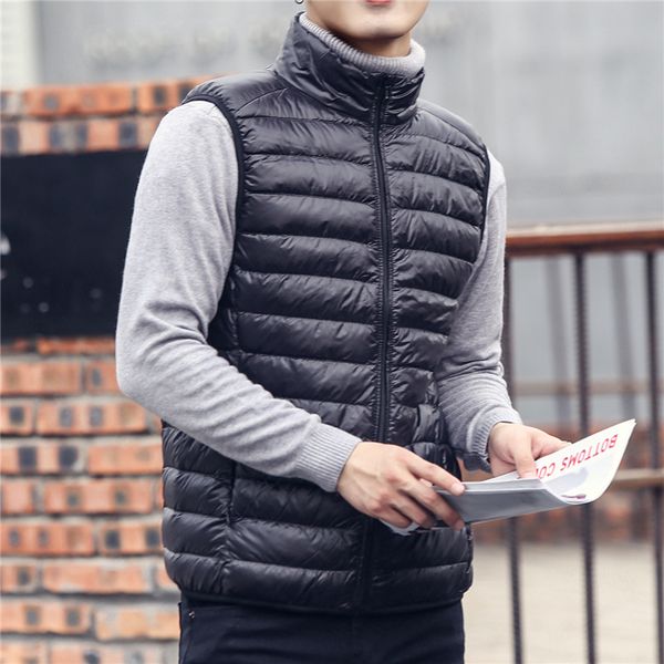 

men down vest winter thin and light white duck down warm waistcoat mens solid color stand collar sleeveless jackets, Black