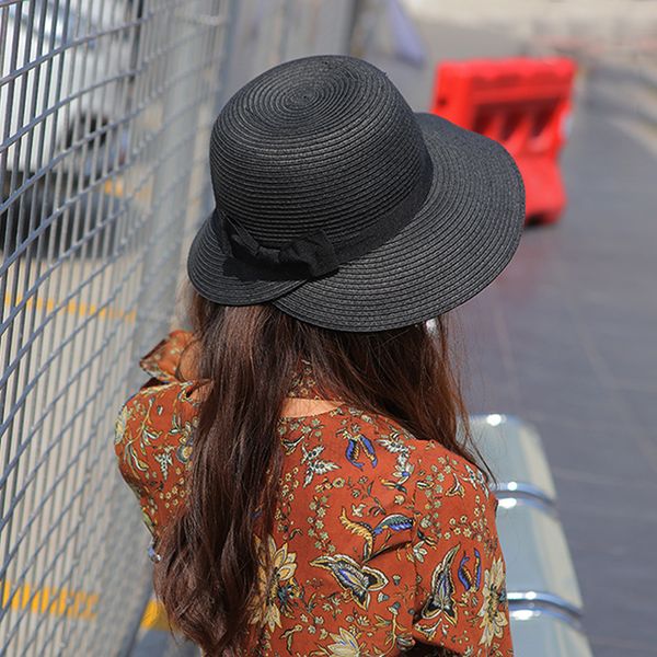 

2017 summer fashion women straw bucket hat with bowknot round wide brim solid cap beach travel fishing sun hats uv protection, Blue;gray