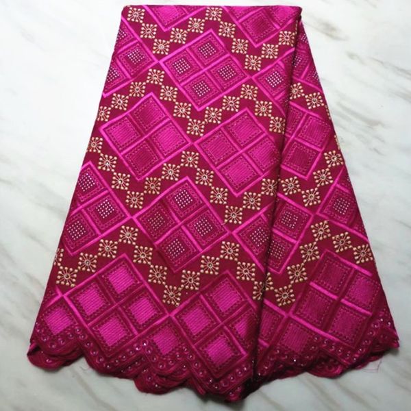 5 Yards heißer Verkauf Fuchsia afrikanischen Baumwollstoff und Strass Gittermuster Schweizer Voilespitze Stickerei für Kleid BC52-7