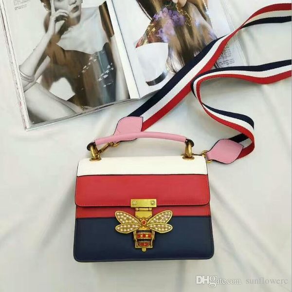 

inspired elegant messenger leather handbags fashion simple contrast color bee bag pearl lock leather women bag