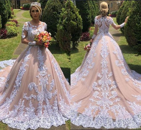 

champagne blush long sleeve wedding dresses 2020 cathedral train sheer jewel neck full lace applique garden church bridal wedding gown, White
