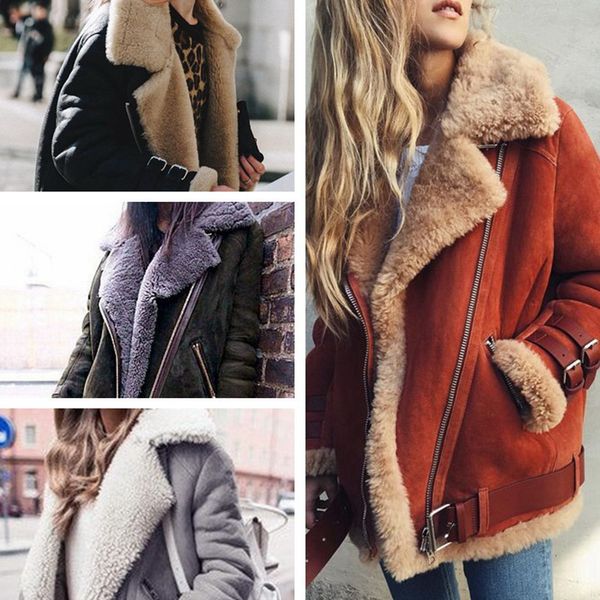 

women suede leather lamb fur coats fashion winter warm thick wool teddy motorcycle jackets coats plus size overcoats, Black