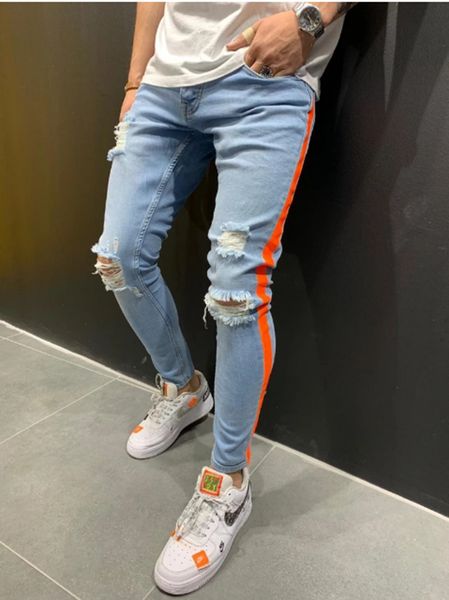 

2020 new arrival mens designer jeans brand fashion casual streetwear stretch ripped jeans side stripe printed pants s-xxxl, Blue