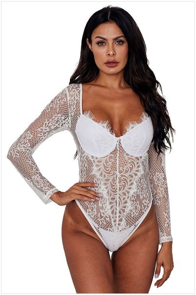 Weißer Bügel-Body mit floraler Spitze, langärmelig, Wimpernbesatz, Bralette, Körbchen, Damen, sexy, durchsichtiger Strampler, modische Tops, DLM32466