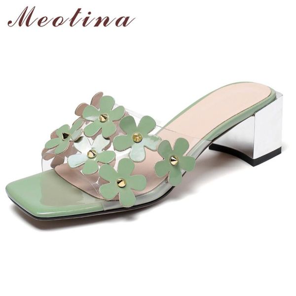 

meotina women slippers flower mid heels shoes square toe thick heel slides ladies transparent summer sandals green plus size 10, Black