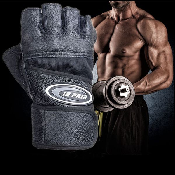 

men gym body building weight lifting leather fitness gloves sports equipment workout exercise fingerless long wrist wrap black, Blue;gray
