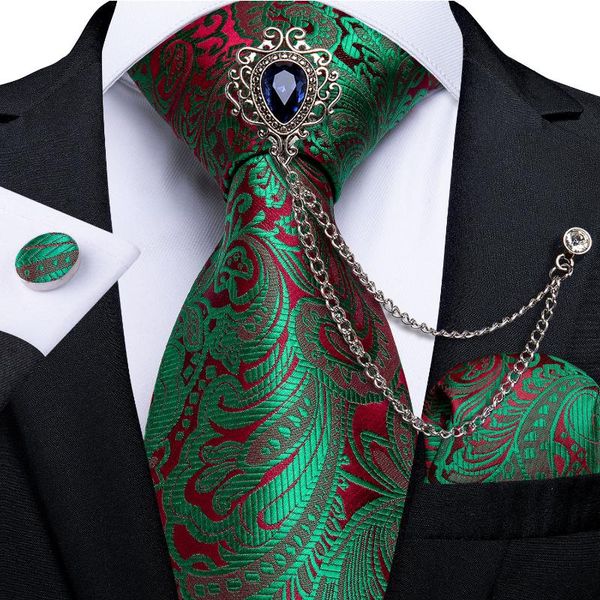 

2020 new design fashion men tie brooch set green red paisley silk tie handkerchief cufflinks set wedding party necktie dibangu, Black;gray