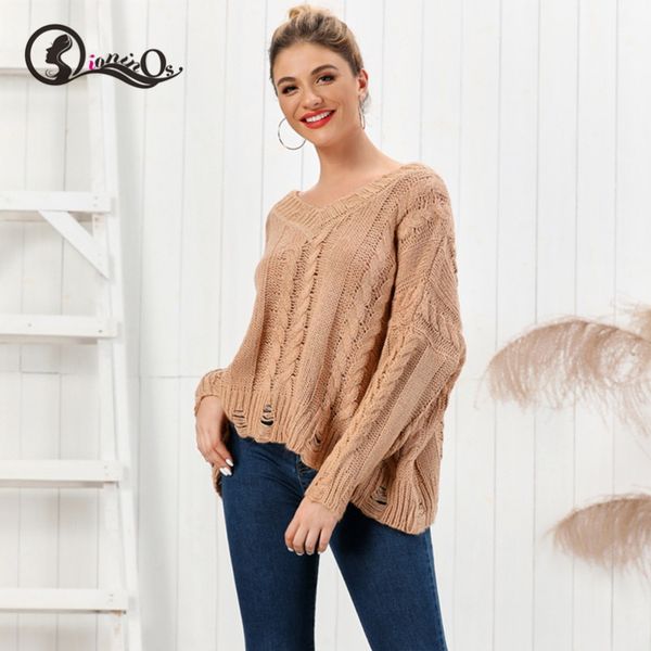 

2019 autumn new sweater for women loose v-neck lazy twist solid color pullovers sweater knitwear casual, White;black