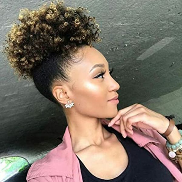 

afro kinky curl brazilian human high puff drawstring short ponytail with clip in color t1b/27# 100g120g140g, Black