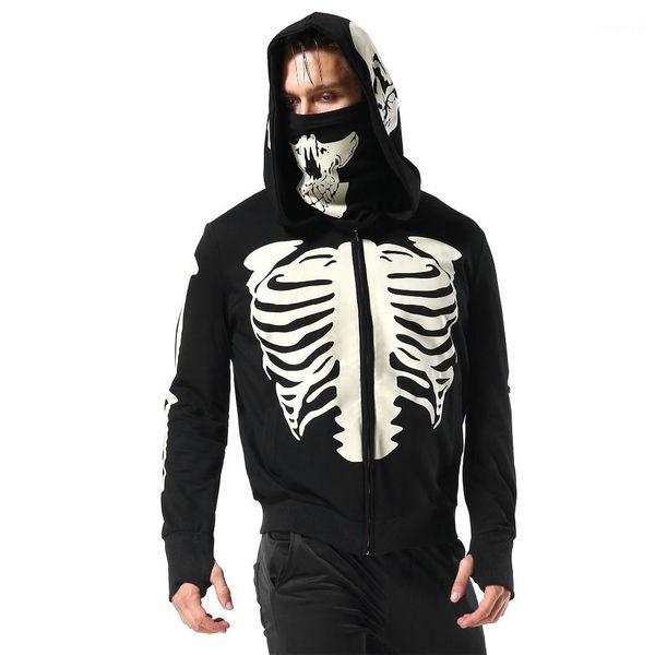 

черепа printed осень street style прохладный с длинными рукавами с капюшоном на молнии толстовки мужская мода streetwear mens конструктора т, Black