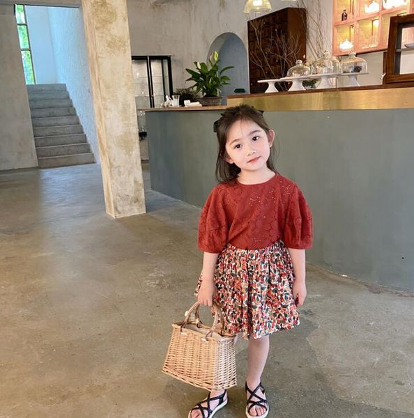 

2020 new girls 2 pcs set lace blouse+skirt fashion summer cotton girls suit 2-7 years hv569, White