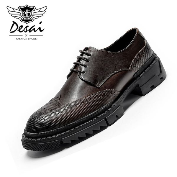 

2019 new men's thick-soled big toe shoes genuine leather casual shoes men business dress lace-up carved brogue oxfords, Black