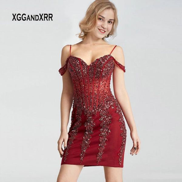 

элегантный v шеи burgundy короткое платье 2019 тюль дата платье партии бретельках bone тяжелое бисером блестки вечер, White;black
