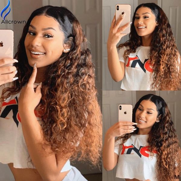 

alicrown curly lace front human hair wigs with baby hair 13*6 deep part lace wigs pre-plucked middle ration non-remy, Black;brown