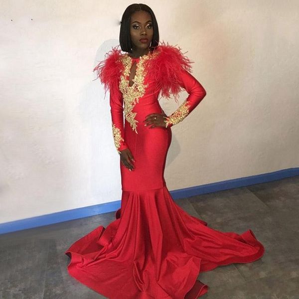 

african red 2k19 prom dresses long sleeves gold appliques feathers satin formal mermaid evening dress black women party gowns, Black;red