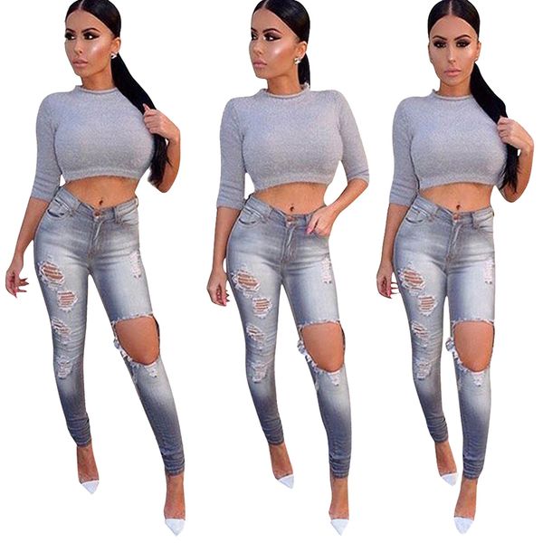 

2020 women skinny ripped hole jean mid waist pants lady casual slim fit long pants female trousers, Blue