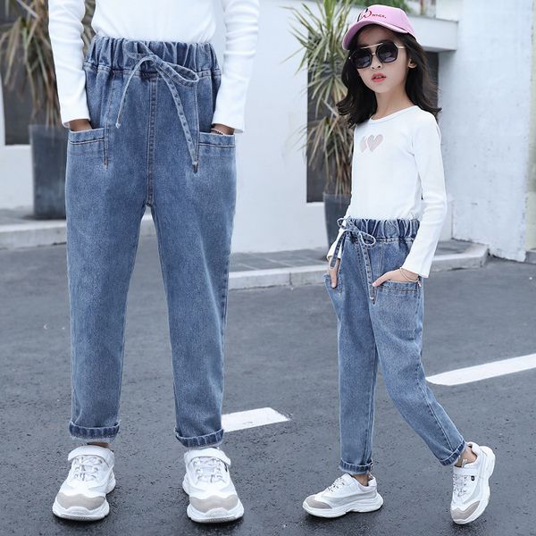 

новые джинсы джинсы для девочек упругие талии подростки дети весна осень повседневная одежда girl моды карманный детские, Blue