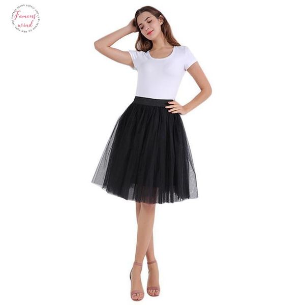 

women 7layer midi tulle tutu skirt fashion elastic high waist princess pleated lolita petticoat dance skirt jupe falda, Black