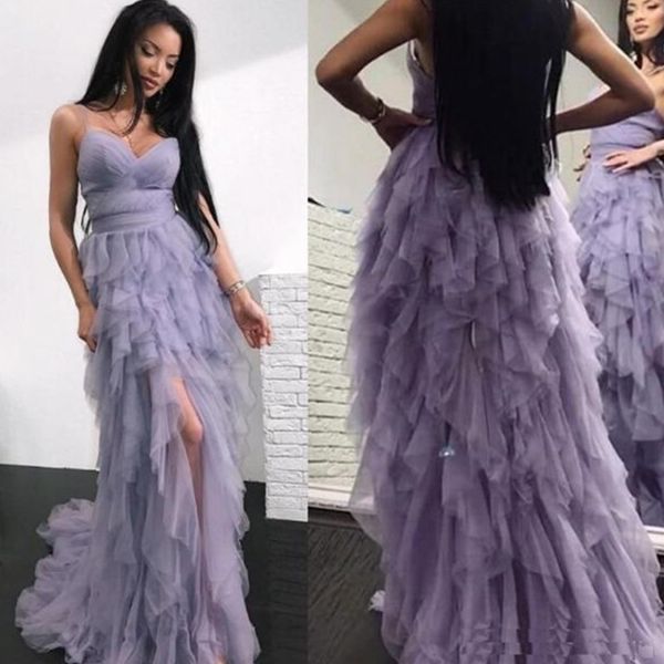 

zuhair murad beautiful lilac ruffles tired skirt prom dresses sweetheart spaghetti straps front split evening gowns a line backless, Black