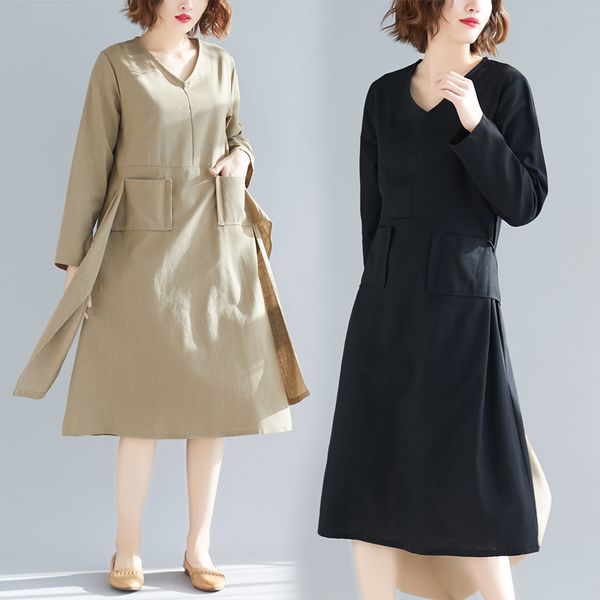 

2019 cotton season dress woman easy v lead will ma xianshou literature solid color flax long skirt, Black;brown