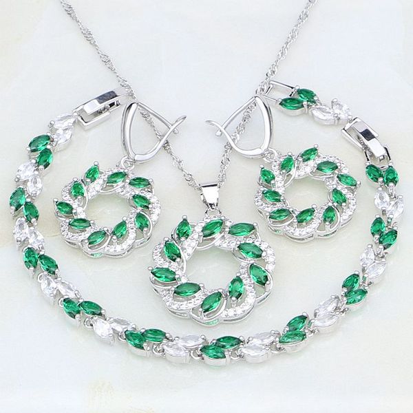 

round green rhinestone white zircon 925 sterling silver bridal jewelry sets for women wedding earrings/pendant/necklace/bracelet, Slivery;golden