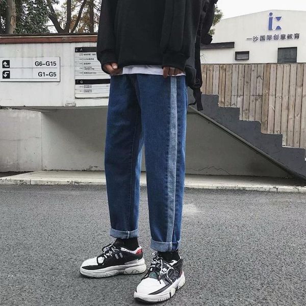 

весна и осень 2020 мода denim новых брюк мужских прямые облегающей бренд просто свободно трендовых папа полосатых брюк, Blue