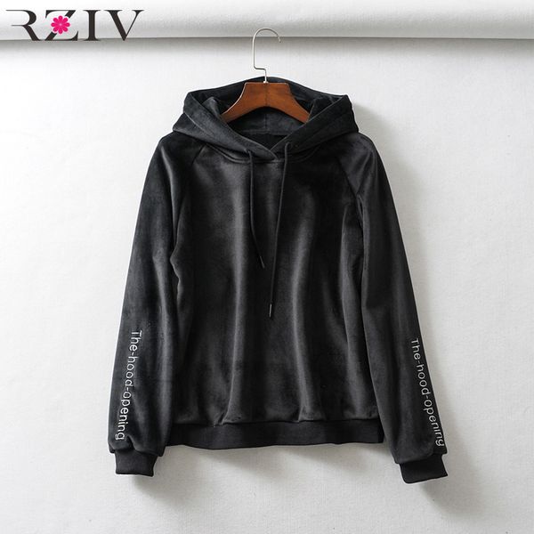 

rziv 2018 autumn and winter women's sweatshirt casual solid color letter embroidery hooded sweatshirt, Black