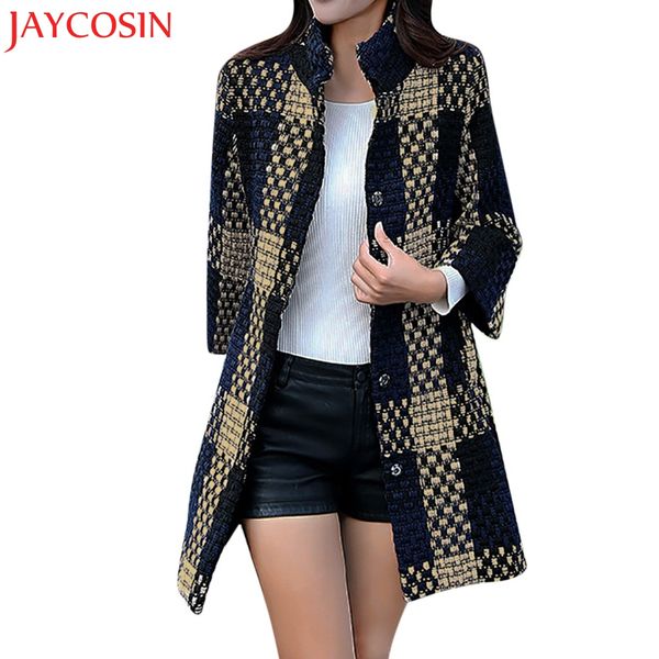 

womens ladies plaid coat warm artificial wool lattice jacket winter parka outerwear stand collar overcoat dropship nov.30, Black