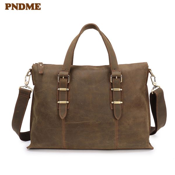 

pndme simple vintage genuine leather men's briefcase business bag crazy horse leather 14 inch lapbag brown messenger bags