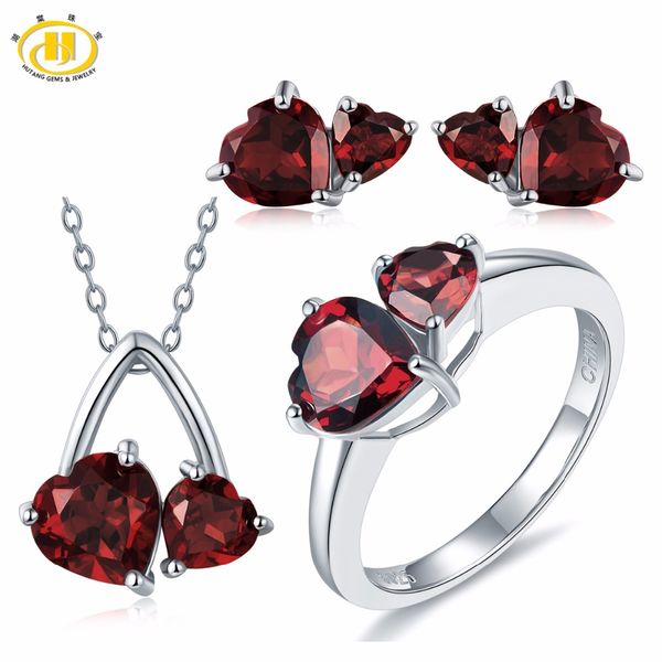 

hutang bridal jewelry sets solid 925 sterling silver 6.1ct natural gemstone garnet heart pendant earrings ring fine fashion gift, Black