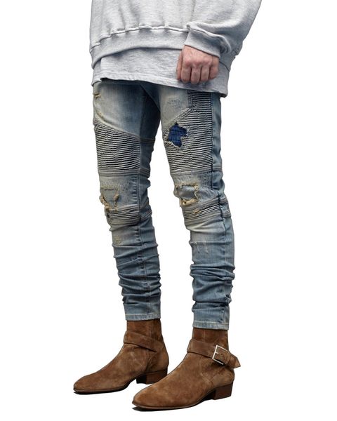 

slim fit gd байкер джинсы мужские разорванные задрапированное дизайнерские дырки карандаш жан брюки pantalones, Blue