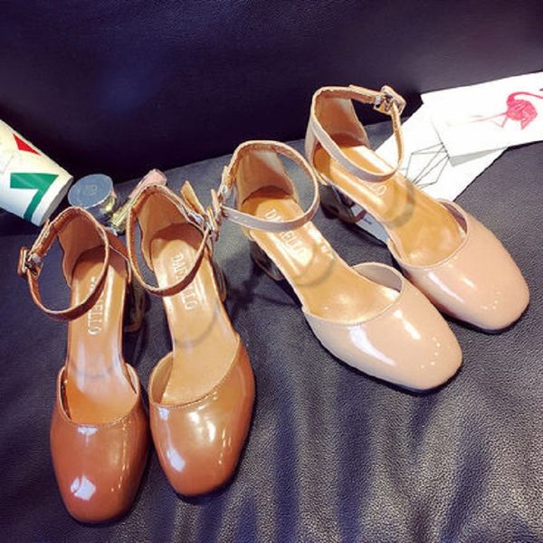 

2019 spring square head thick with single shoes female shallow mouth word buckle with high heels fairy nude pink, Black